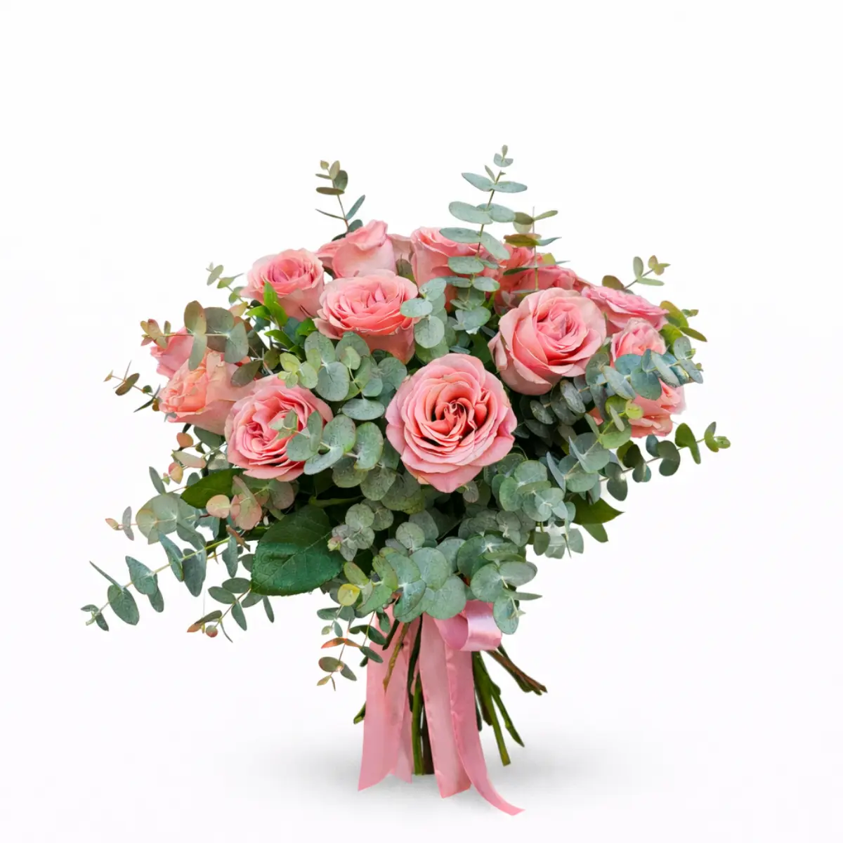 Pink rose bouquet with eucalyptus and pink ribbon