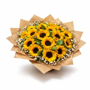 Sunflower bouquet with white baby’s breath in kraft paper wrapping